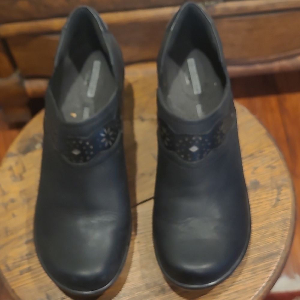 Clarks Women's Black Leather Mules with Floral Cutouts